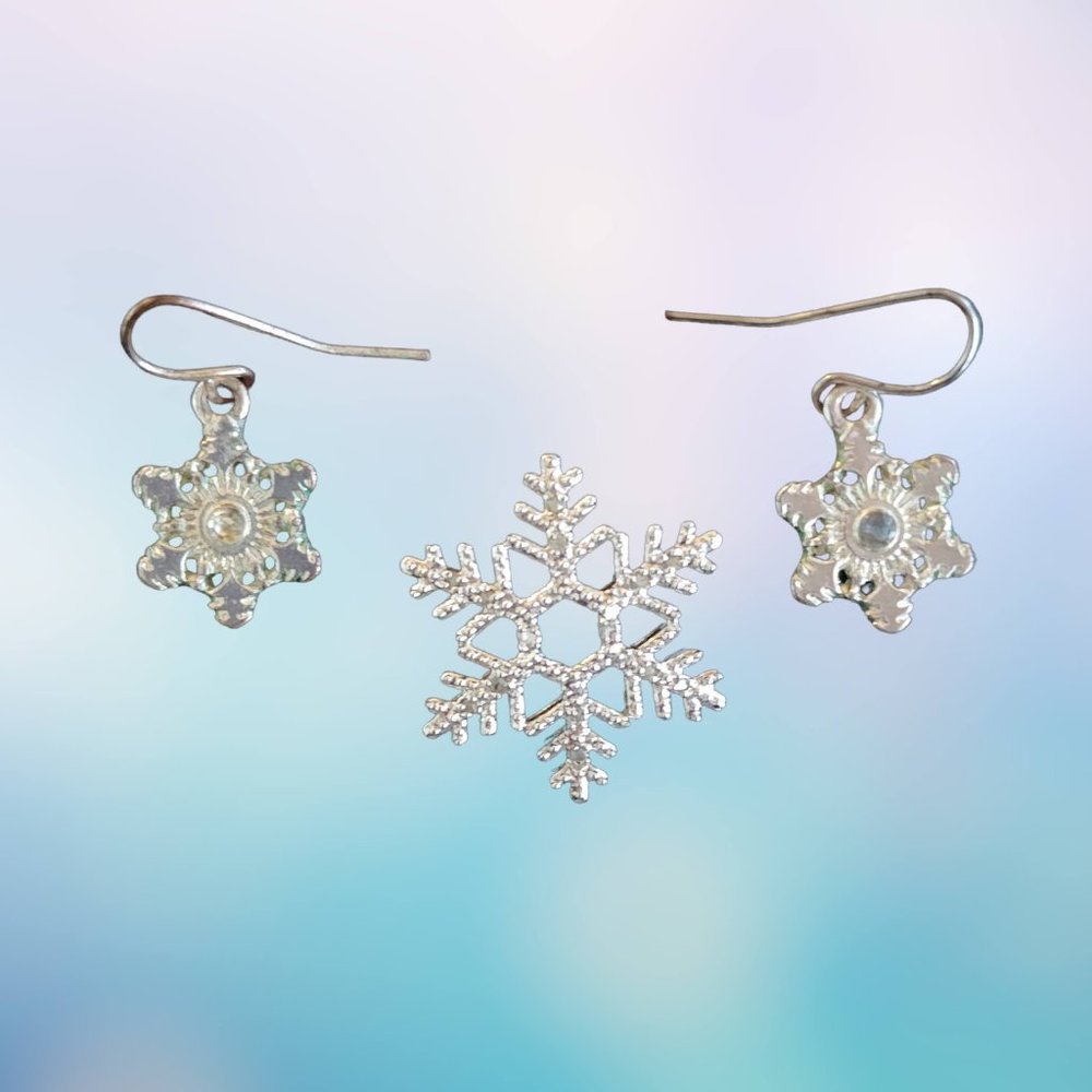 Silver Snowflake Earrings & Pendant with Cubic Zirconia | Winter Holiday Jewelry